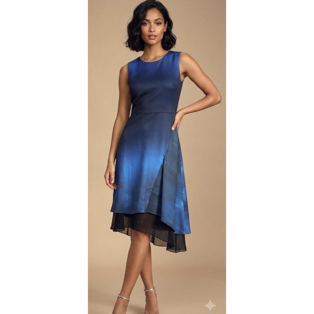 Elie Tahari Dress Women's‎ Sheath Blue Grey Clarissa Asymmetrical Size 8 Moody
